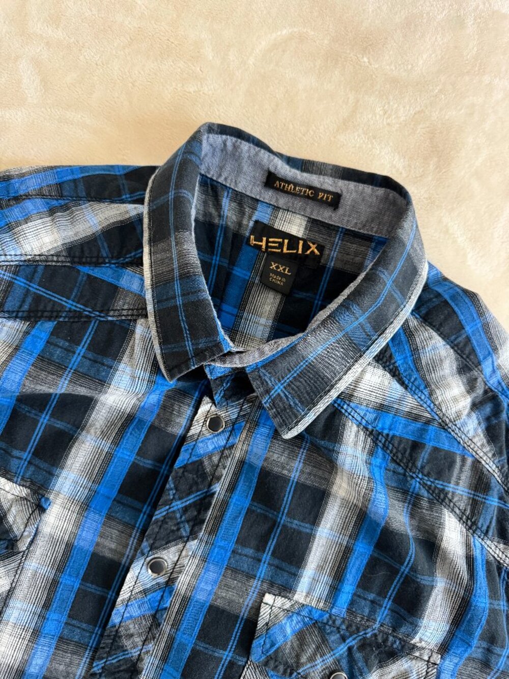 Helix Mens XXL Plaid Western Shirt Pearl Snap Blue Black Athletic Fit Cowboy